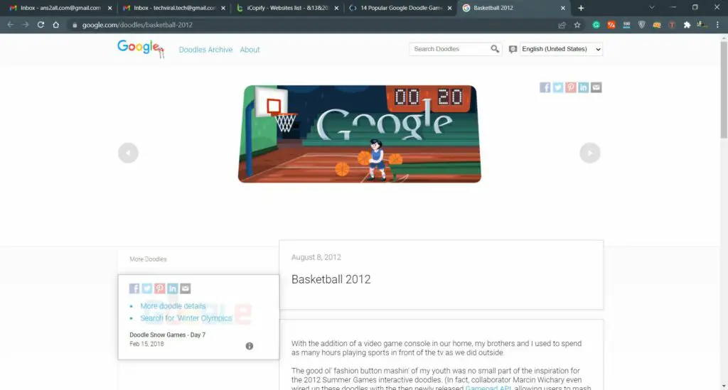 basketball 2012 Scoville Google Doodle Game
